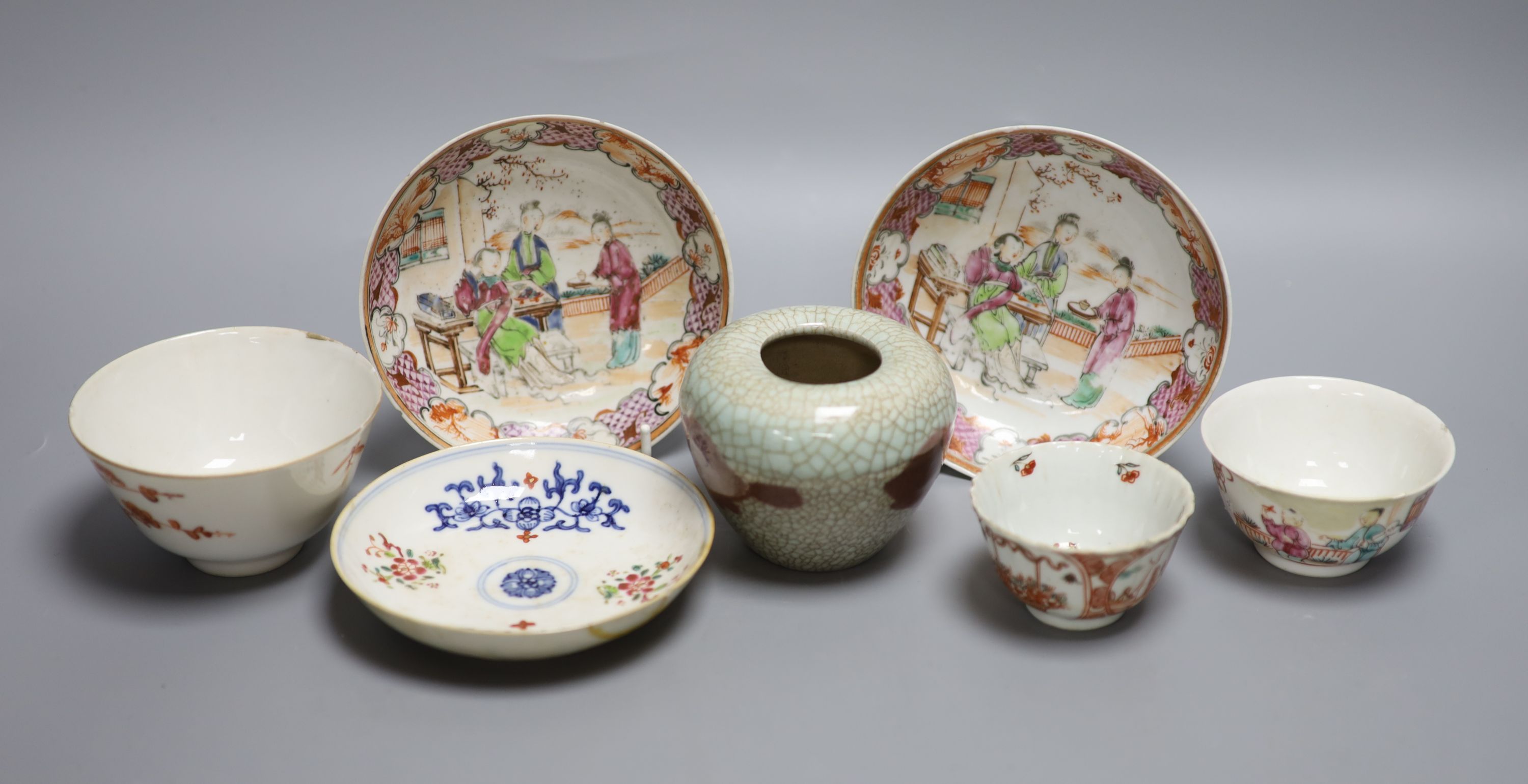 A pair of Chinese famille rose saucers, another saucer, three various tea bowls and a crackleglaze vase (7)